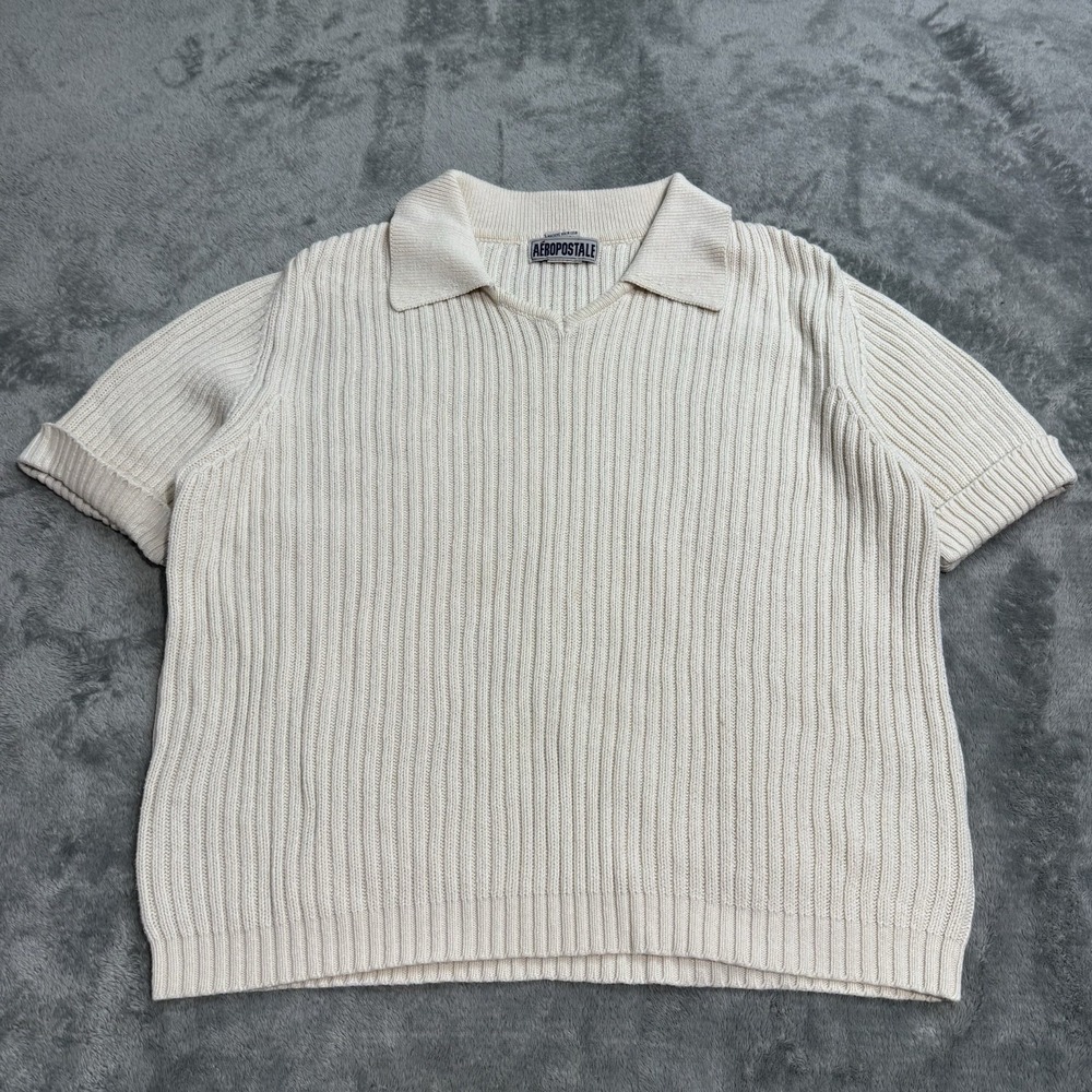 VTG 90s Aeropostale Knit Ribbed Collared Shirt Cropped‎ Womens L Indie Retro
